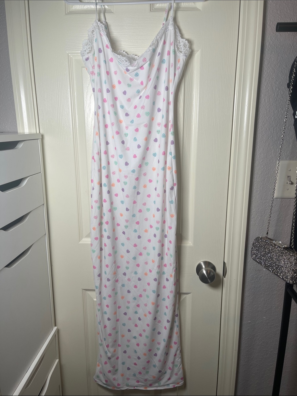 SKIMS White Maxi Slip Dress with Multicolor Heart Print valentines edtion